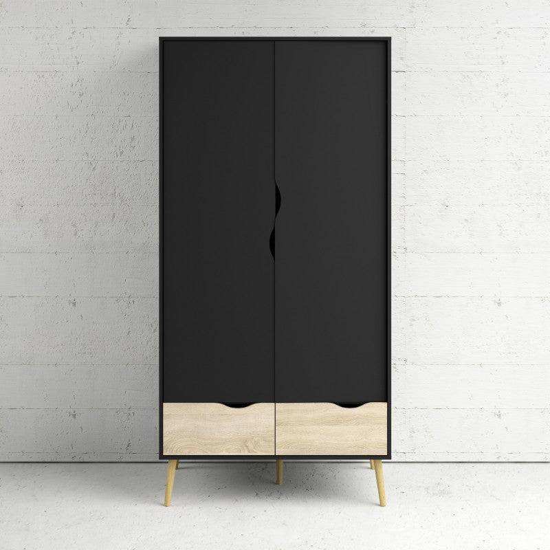 Oslo Wardrobe - 2 Doors 2 Drawers In Black And Oak - Price Crash Furniture