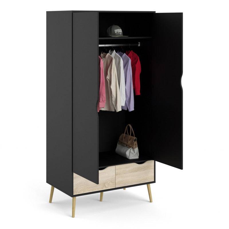 Oslo Wardrobe - 2 Doors 2 Drawers In Black And Oak - Price Crash Furniture