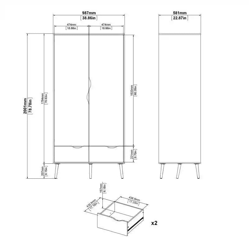 Oslo Wardrobe - 2 Doors 2 Drawers In Black And Oak - Price Crash Furniture