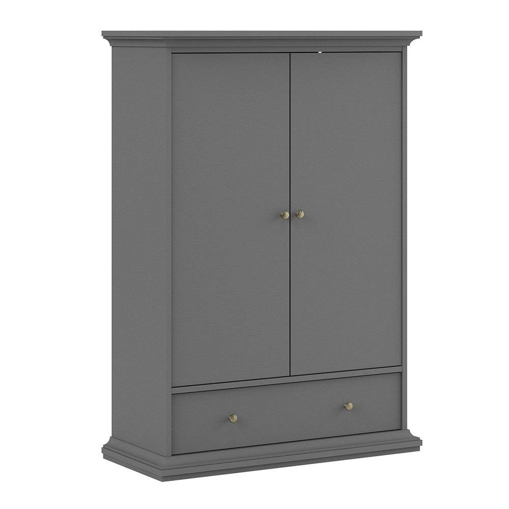 Paris Wardrobe With 2 Doors 1 Drawer 2 Shelves In Matt Grey - Price Crash Furniture