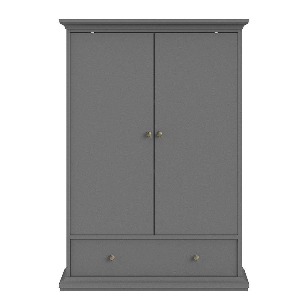 Paris Wardrobe With 2 Doors 1 Drawer 2 Shelves In Matt Grey - Price Crash Furniture