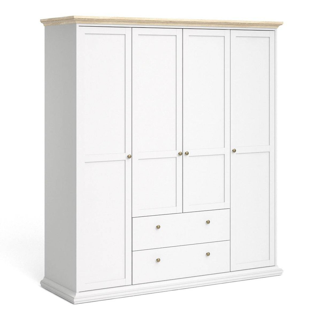 Paris Wardrobe With 4 Doors and 2 Drawers In White and Oak - Price Crash Furniture