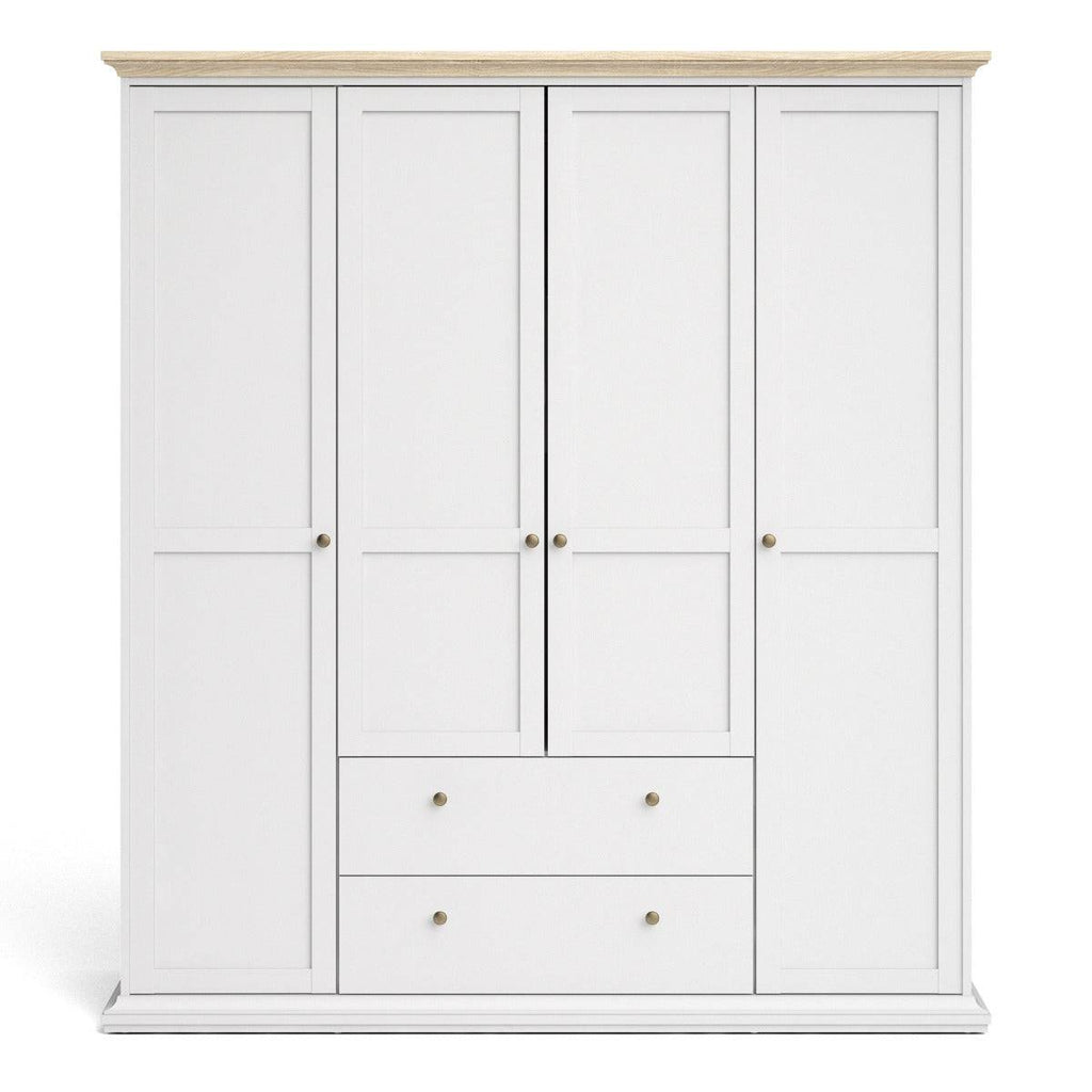 Paris Wardrobe With 4 Doors and 2 Drawers In White and Oak - Price Crash Furniture