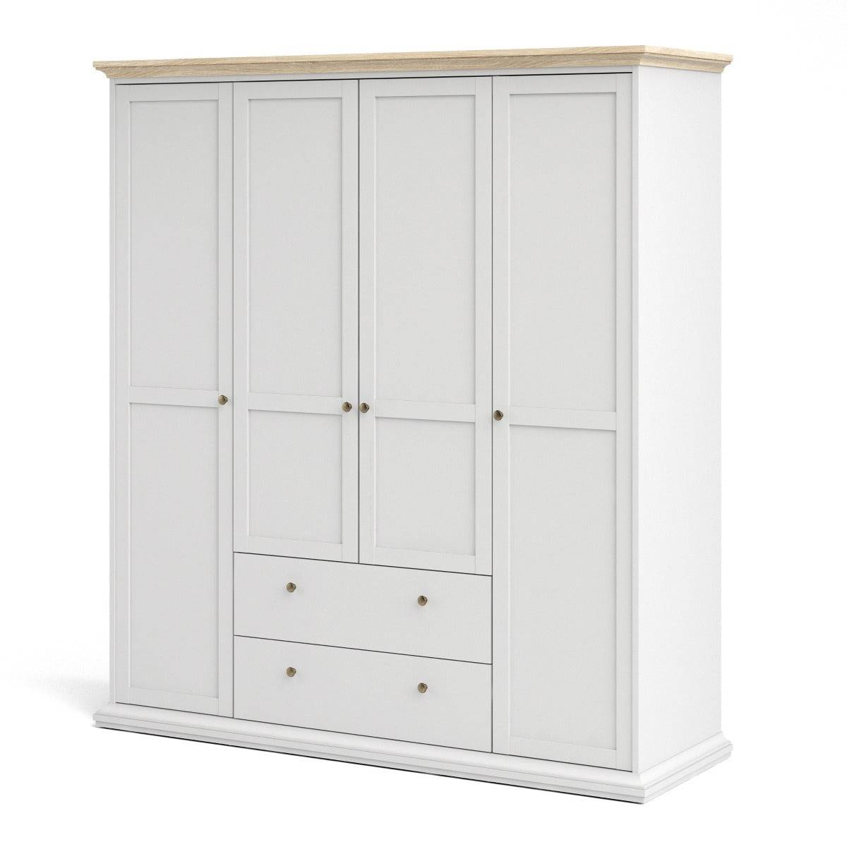 Paris Wardrobe With 4 Doors and 2 Drawers In White and Oak - Price Crash Furniture