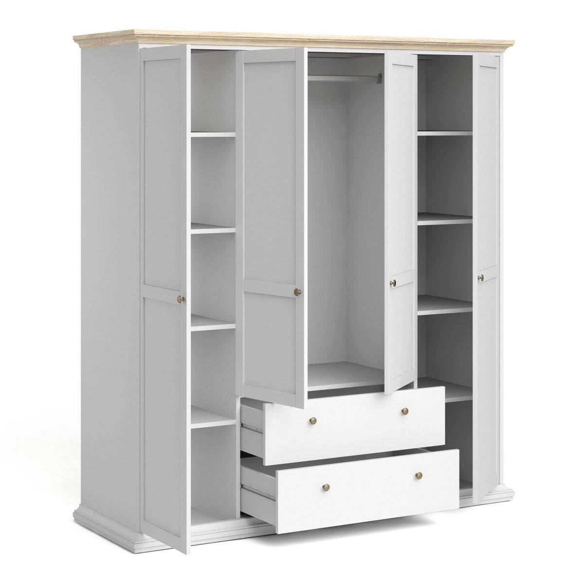 Paris Wardrobe With 4 Doors and 2 Drawers In White and Oak - Price Crash Furniture