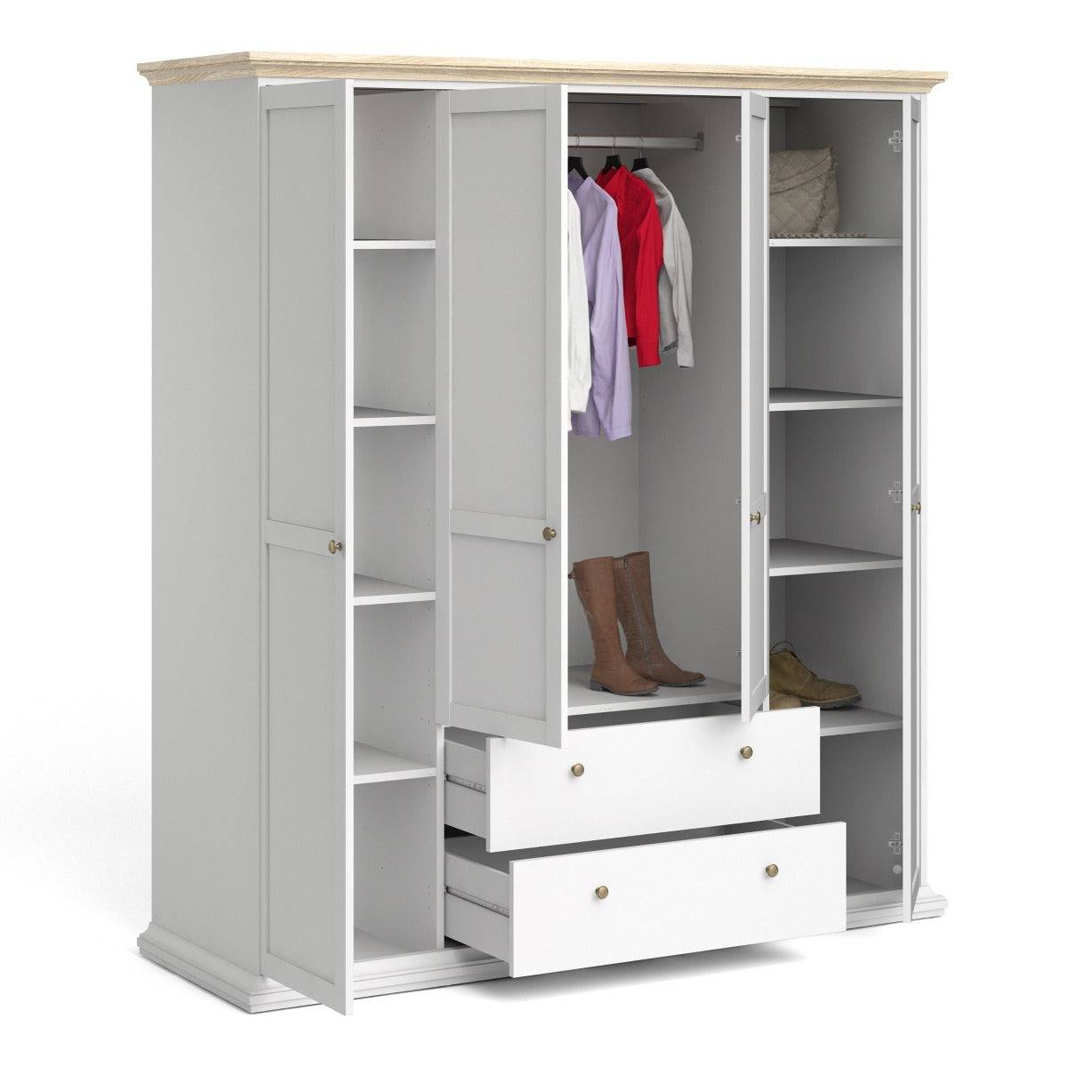 Paris Wardrobe With 4 Doors and 2 Drawers In White and Oak - Price Crash Furniture