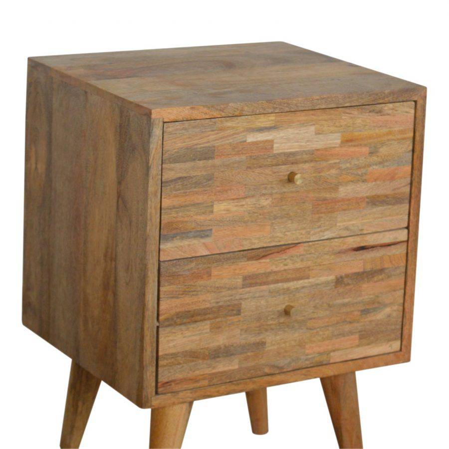 Patchwork Pattern 2 Drawer Bedside Table in Oak-effect Mango Wood - Price Crash Furniture
