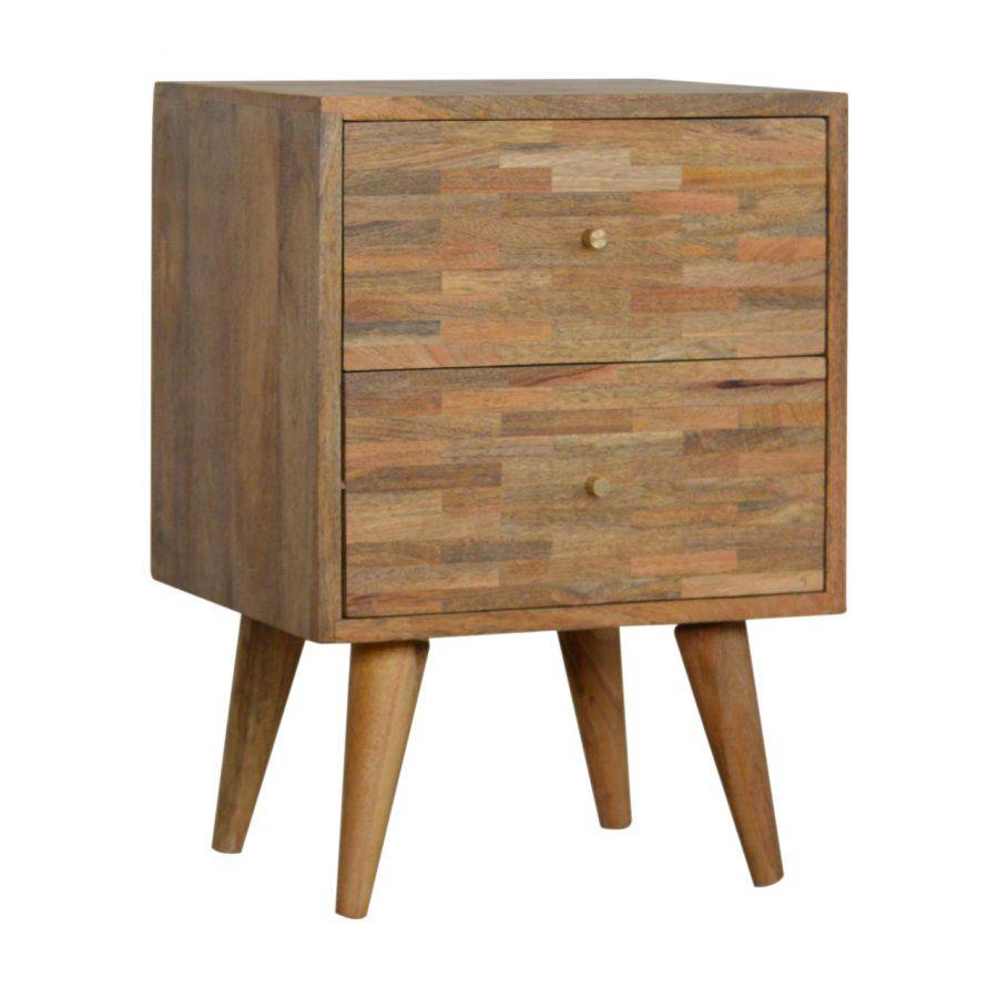 Patchwork Pattern 2 Drawer Bedside Table in Oak-effect Mango Wood - Price Crash Furniture