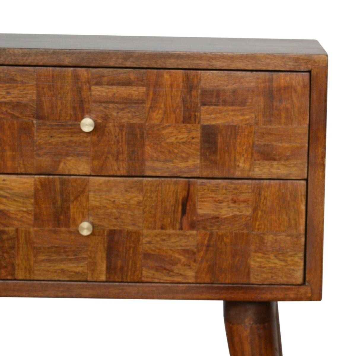 Patchwork Square Pattern 2 Drawer Bedside Table in Chestnut-effect Mango Wood - Price Crash Furniture