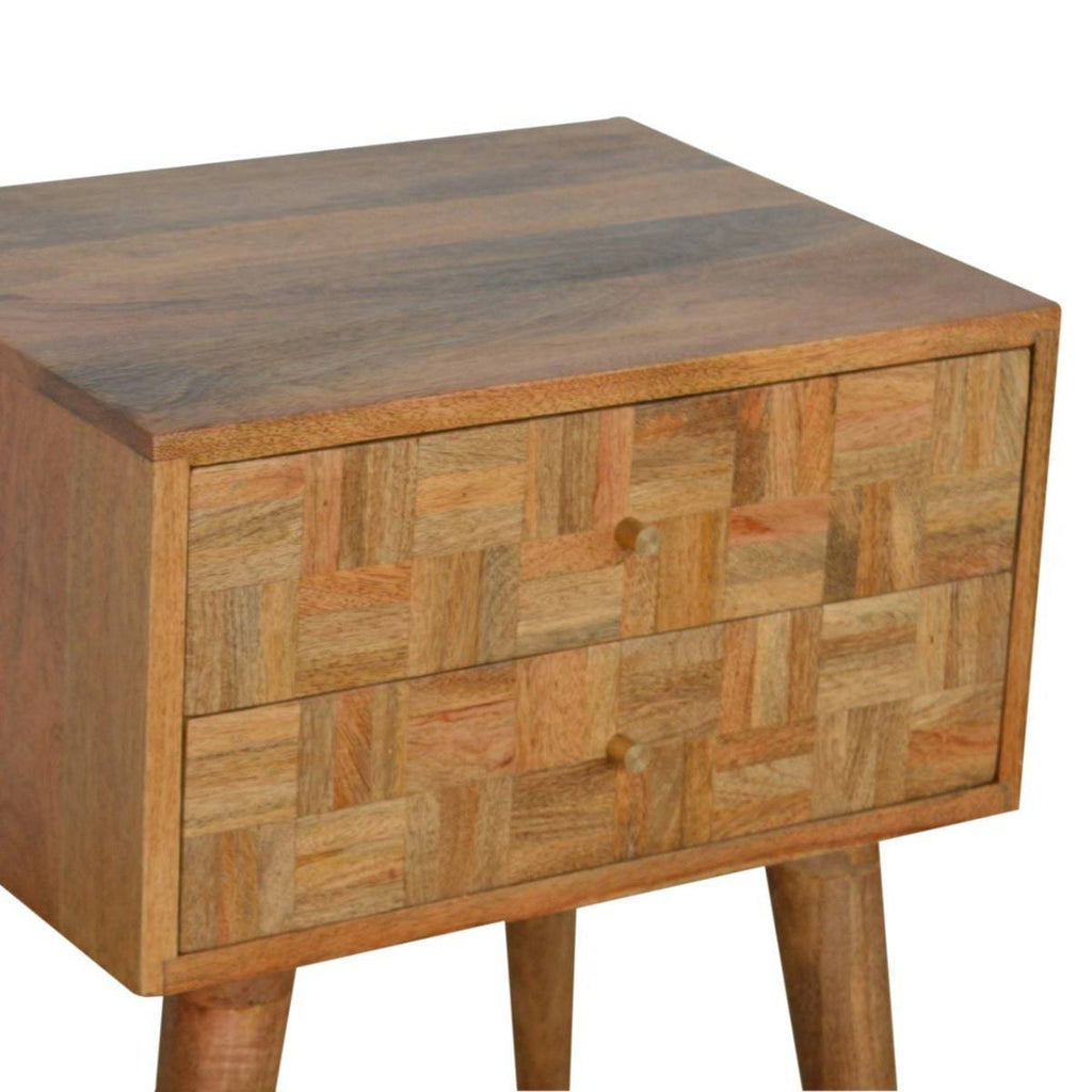 Patchwork Square Pattern 2 Drawer Bedside Table in Oak-effect Mango Wood - Price Crash Furniture
