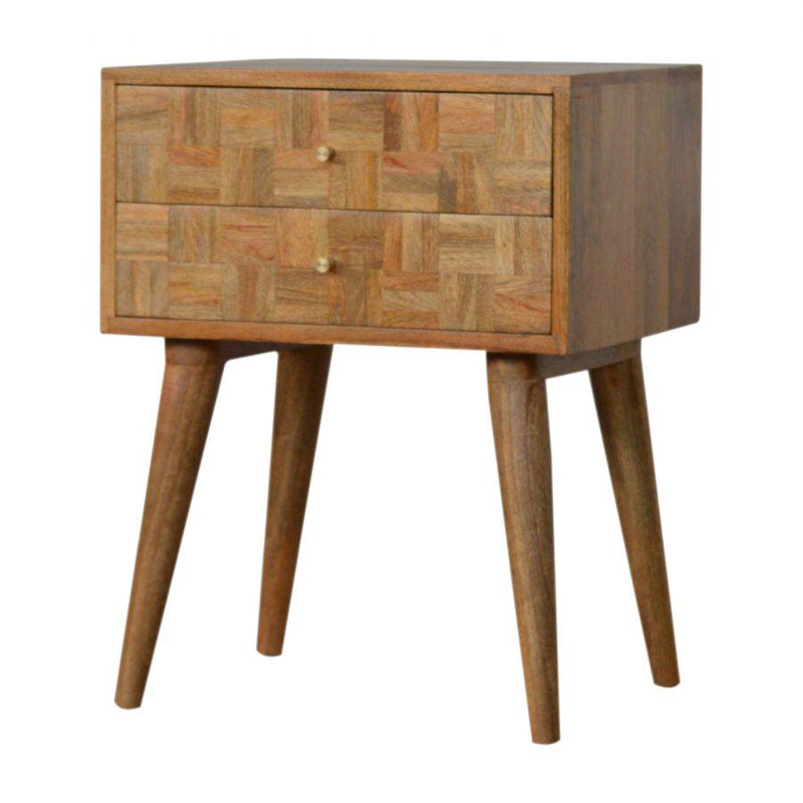 Patchwork Square Pattern 2 Drawer Bedside Table in Oak-effect Mango Wood - Price Crash Furniture