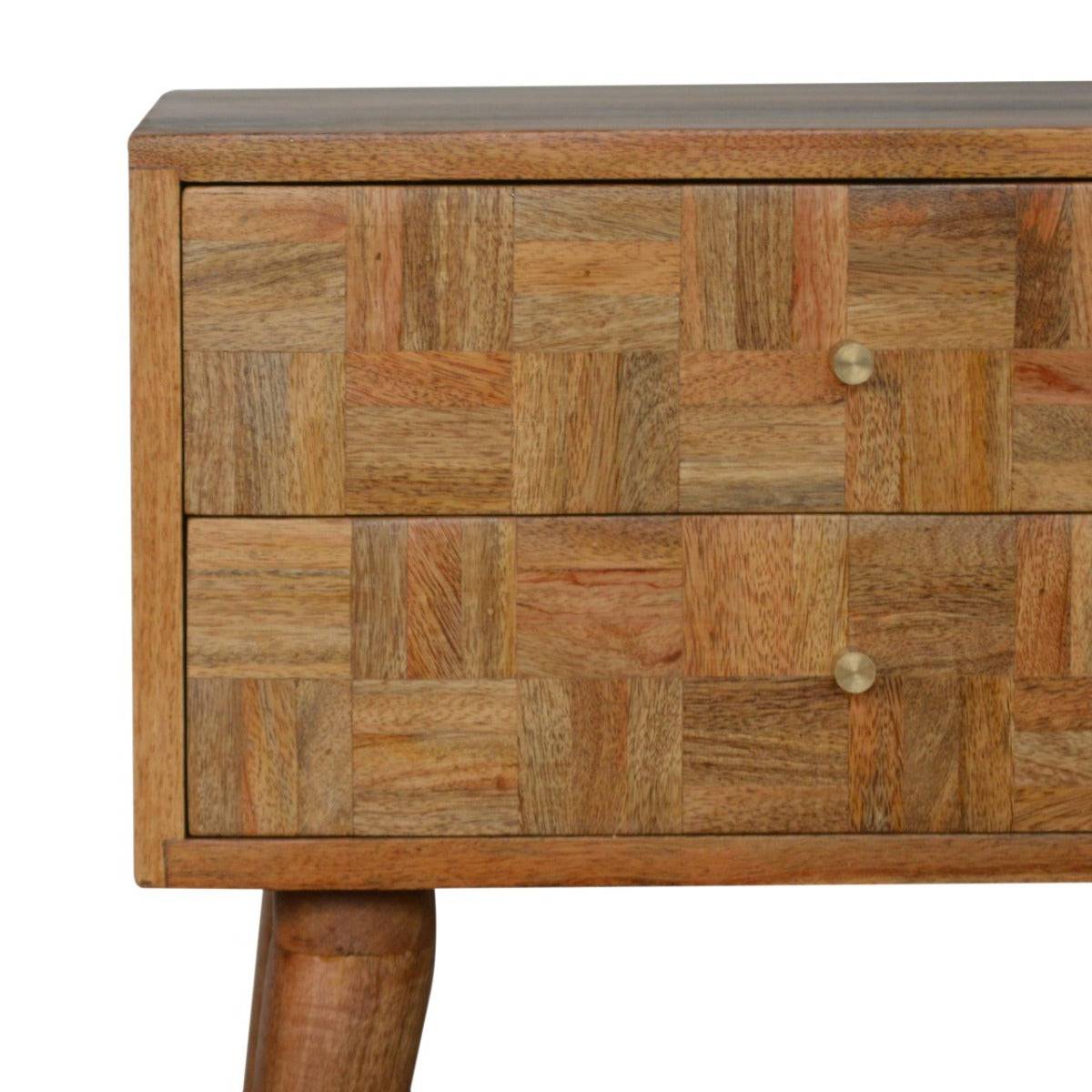 Patchwork Square Pattern 2 Drawer Bedside Table in Oak-effect Mango Wood - Price Crash Furniture