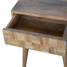 Patchwork Square Pattern 2 Drawer Bedside Table in Oak-effect Mango Wood - Price Crash Furniture