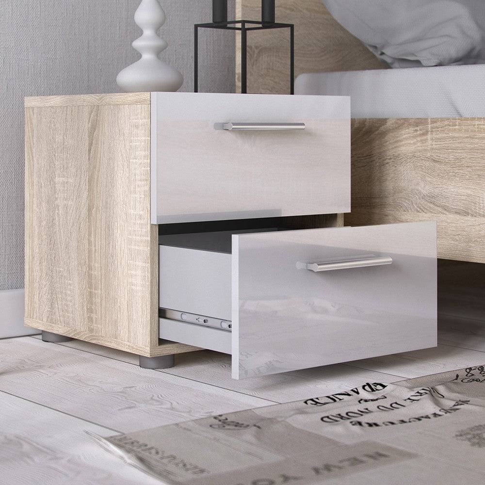 Pepe Oak with White High Gloss 2 Drawer Bedside Table - Price Crash Furniture