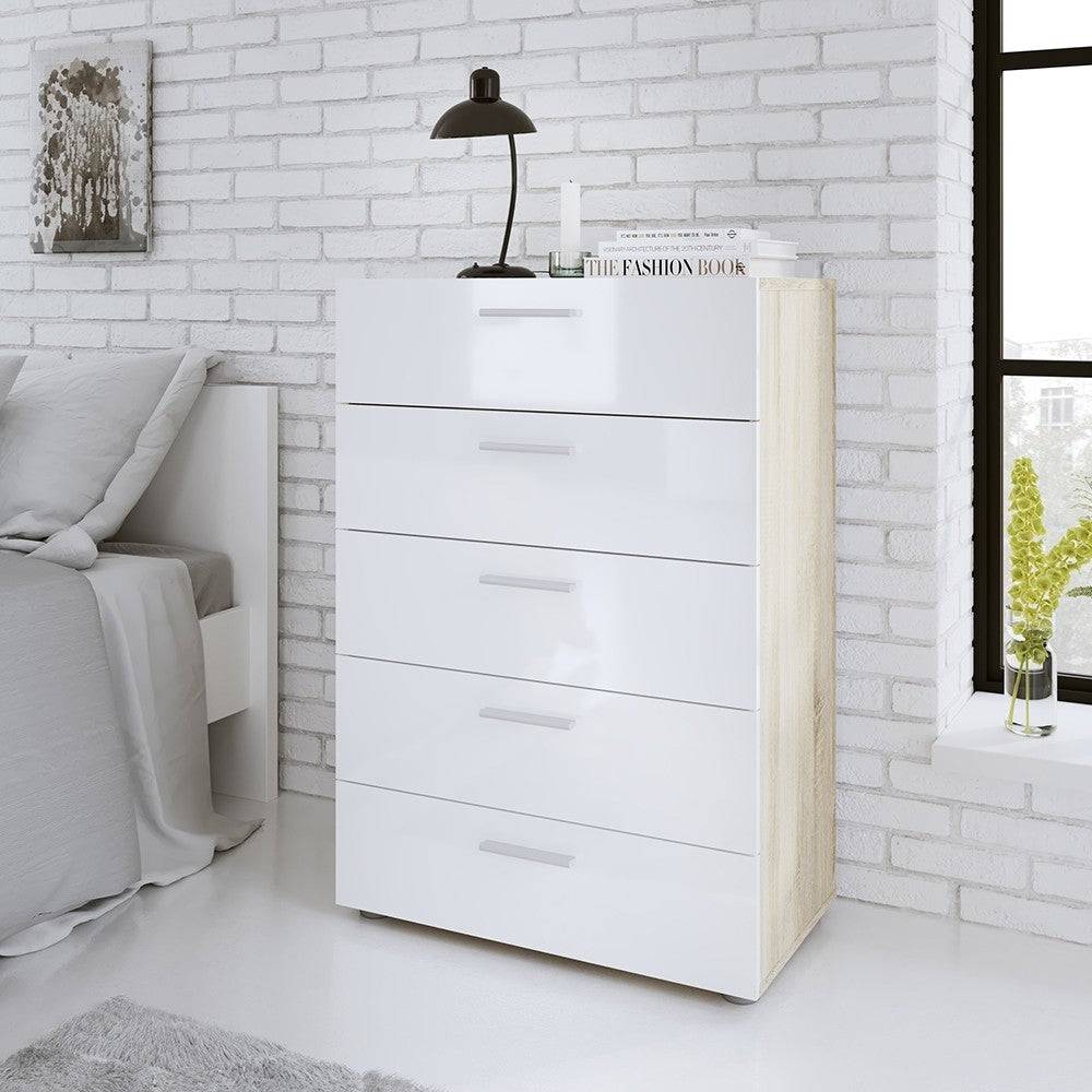 Pepe Oak with White High Gloss 5 Drawer Chest of Drawers - Price Crash Furniture