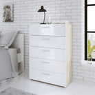 Pepe Oak with White High Gloss 5 Drawer Chest of Drawers - Price Crash Furniture