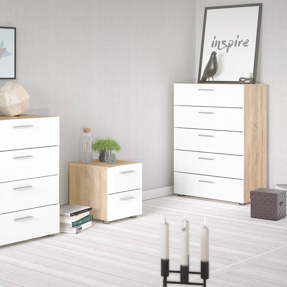 Pepe Oak with White High Gloss 5 Drawer Chest of Drawers - Price Crash Furniture