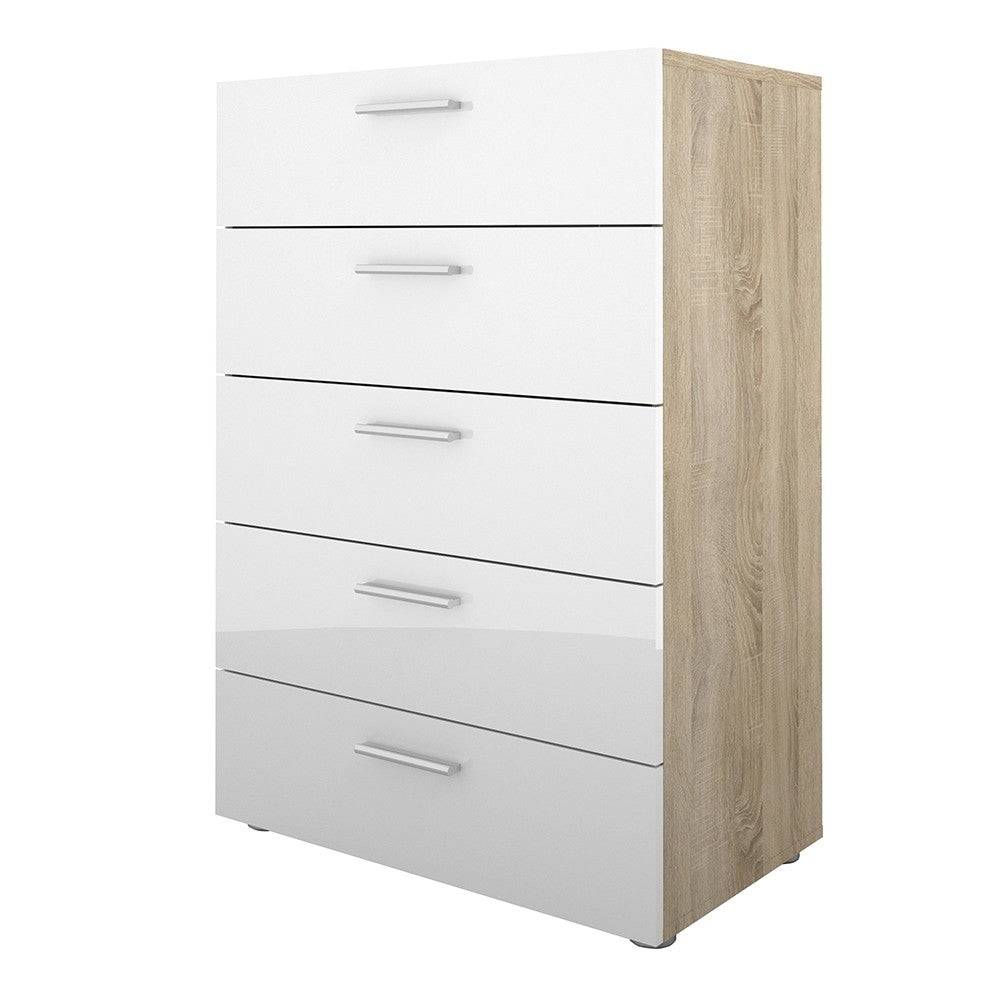 Pepe Oak with White High Gloss 5 Drawer Chest of Drawers - Price Crash Furniture