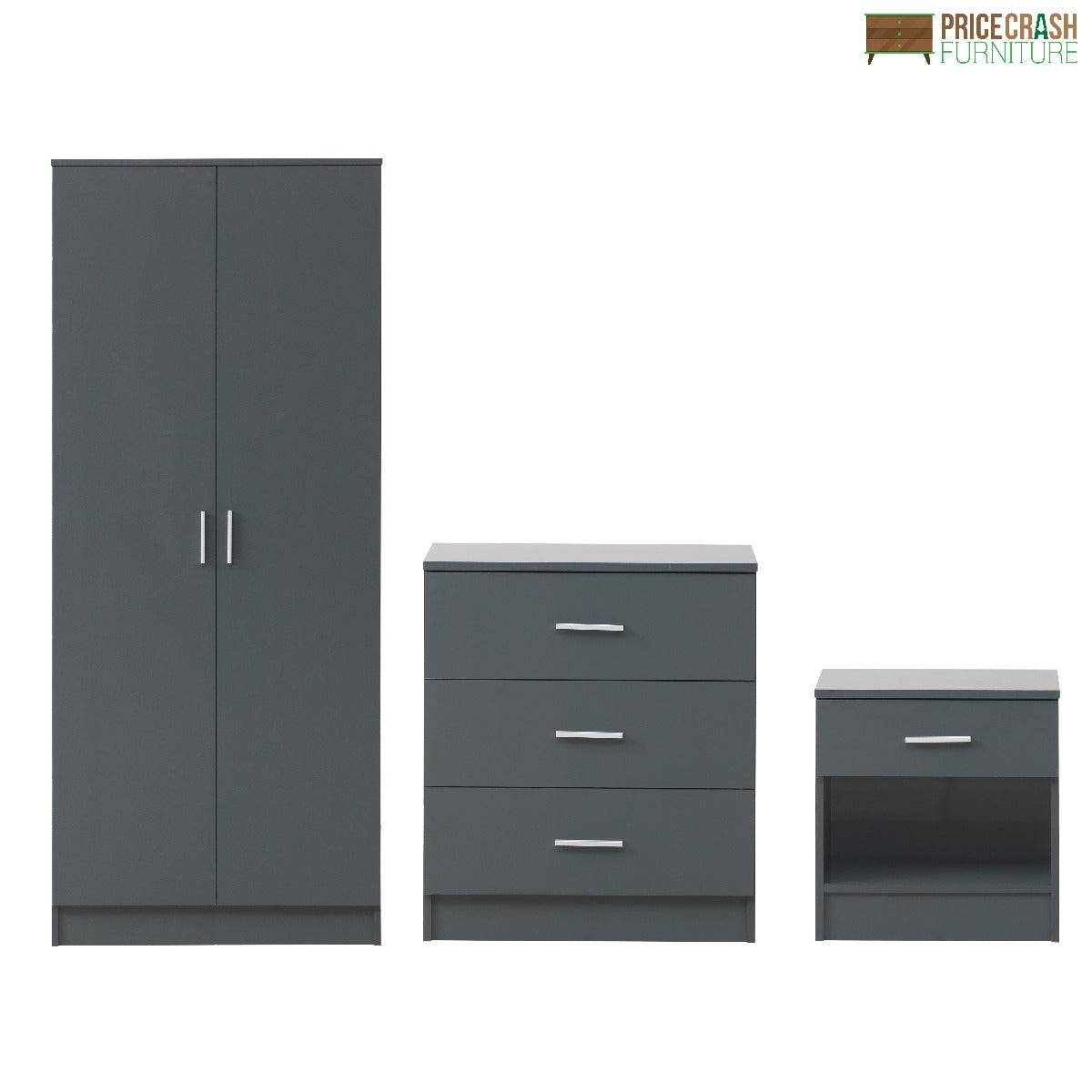 Rio Costa 3 Piece Bedroom Set in Dark Grey: Wardrobe, Nightstand, Chest of Drawers - Price Crash Furniture