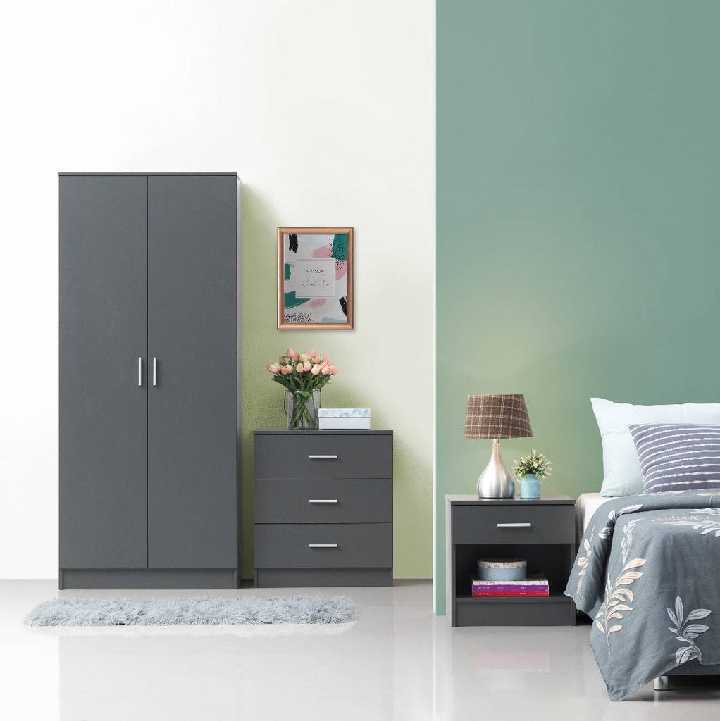Rio Costa 3 Piece Bedroom Set in Dark Grey: Wardrobe, Nightstand, Chest of Drawers - Price Crash Furniture