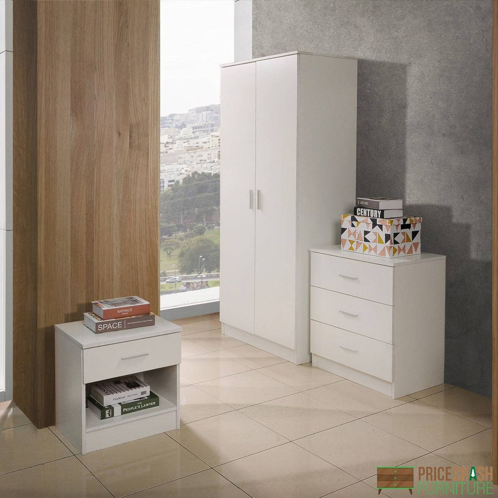 Rio Costa 3 Piece Bedroom Set in White: Wardrobe, Nightstand, Chest of Drawers - Price Crash Furniture