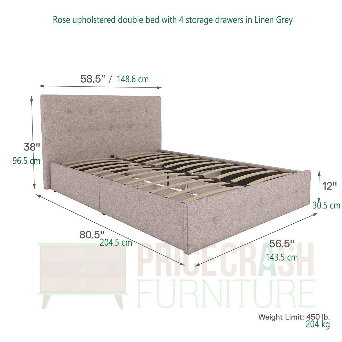 Rose Upholstered UK Double Bed (USA Full Size) with Storage in Linen Grey by Dorel - Price Crash Furniture