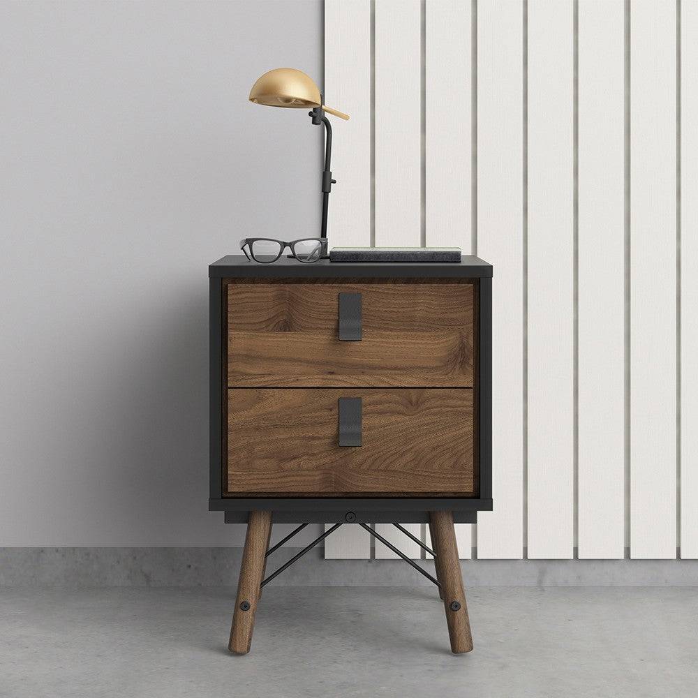 Ry 2 Drawer Bedside Table Cabinet in Matt Black & Walnut - Price Crash Furniture