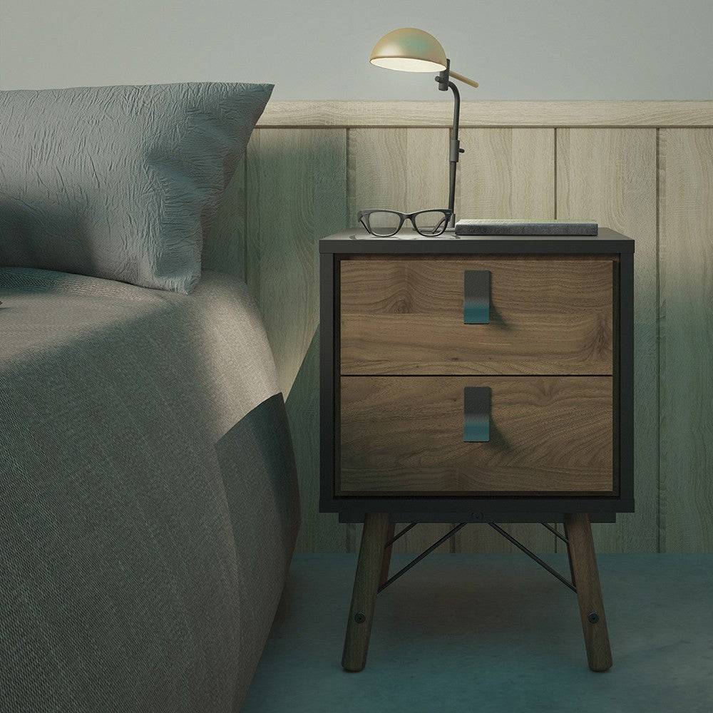 Ry 2 Drawer Bedside Table Cabinet in Matt Black & Walnut - Price Crash Furniture