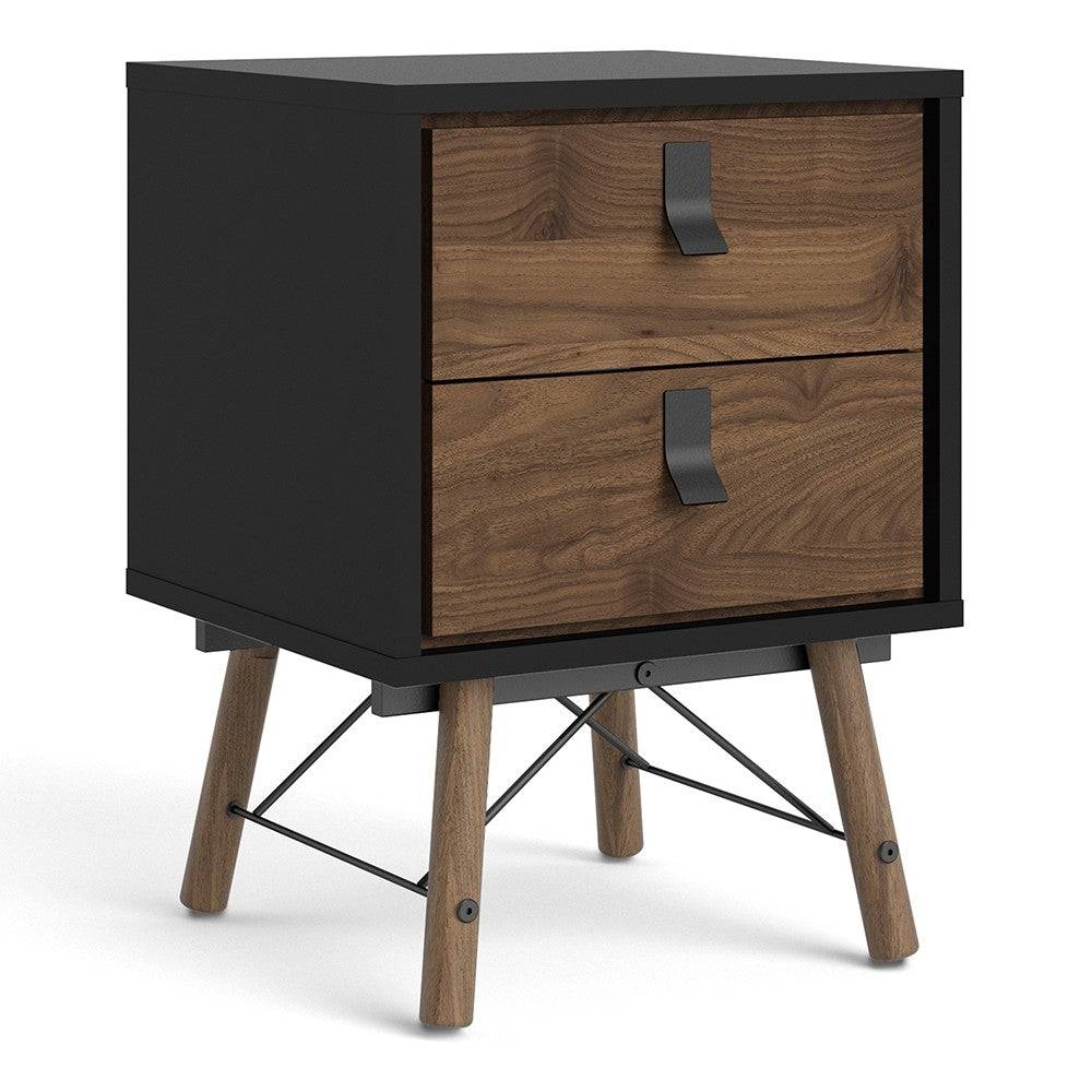 Ry 2 Drawer Bedside Table Cabinet in Matt Black & Walnut - Price Crash Furniture