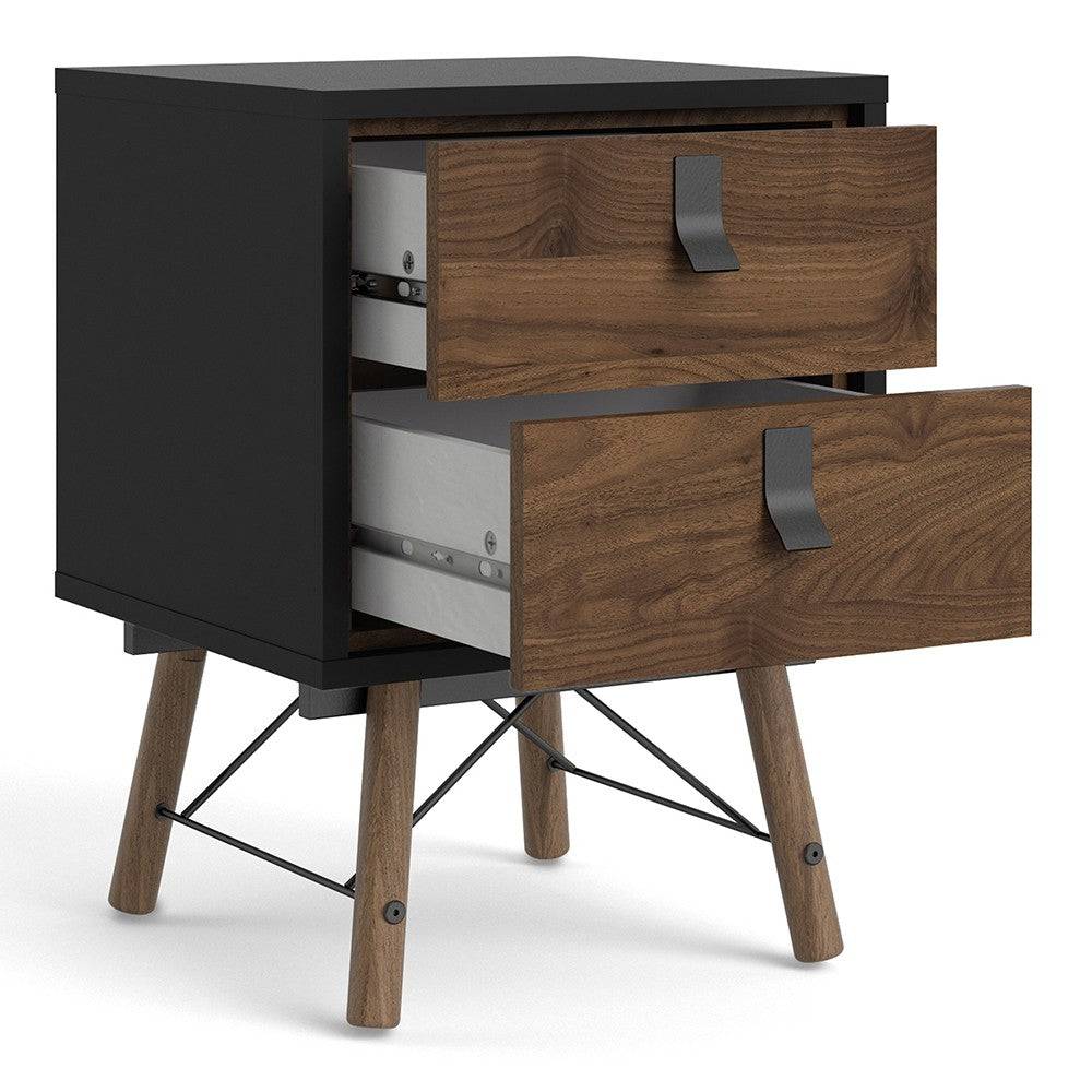 Ry 2 Drawer Bedside Table Cabinet in Matt Black & Walnut - Price Crash Furniture