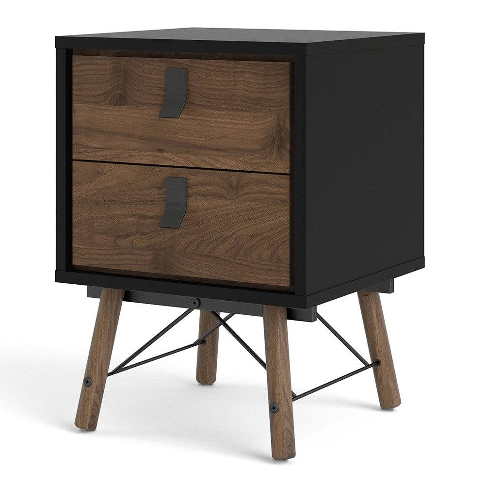 Ry 2 Drawer Bedside Table Cabinet in Matt Black & Walnut - Price Crash Furniture