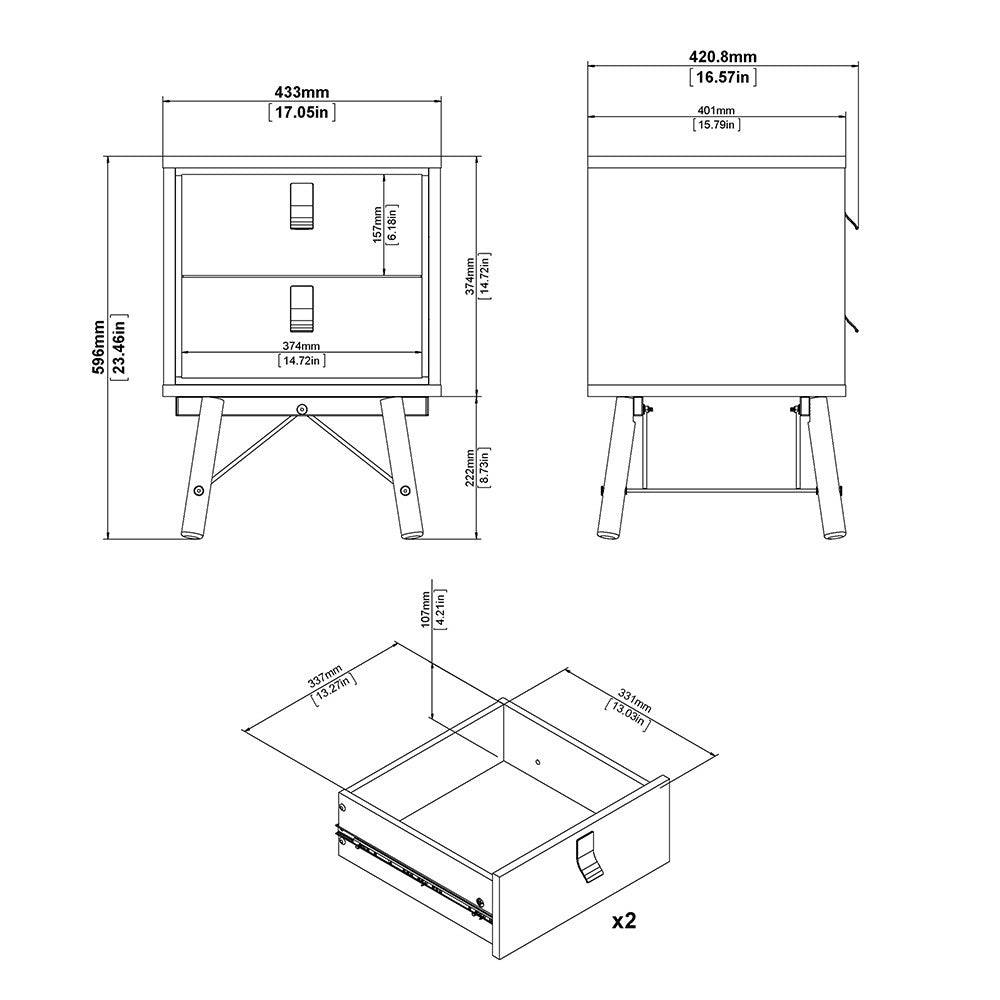 Ry 2 Drawer Bedside Table Cabinet in Matt Black & Walnut - Price Crash Furniture