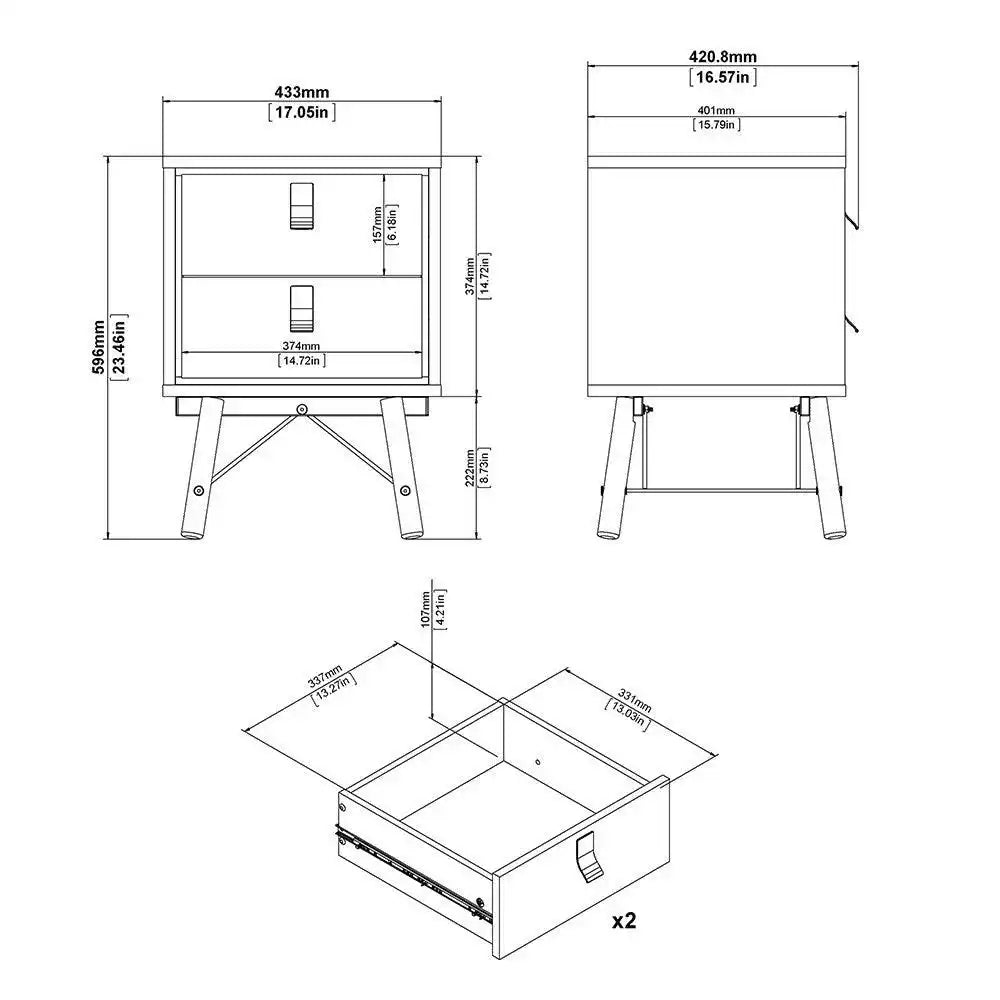 Ry 2 Drawer Bedside Table Cabinet in Matt Black & Walnut - Price Crash Furniture