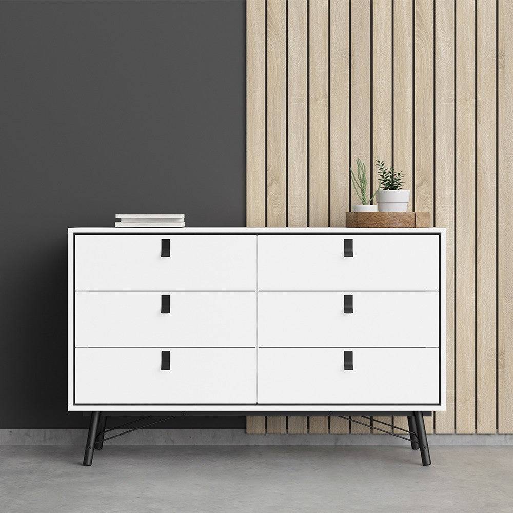 Ry Large Wide Double Chest of Drawers 6 Drawers in Matt Black & Walnut - Price Crash Furniture