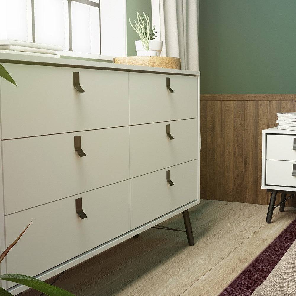 Ry Large Wide Double Chest of Drawers 6 Drawers in Matt Black & Walnut - Price Crash Furniture