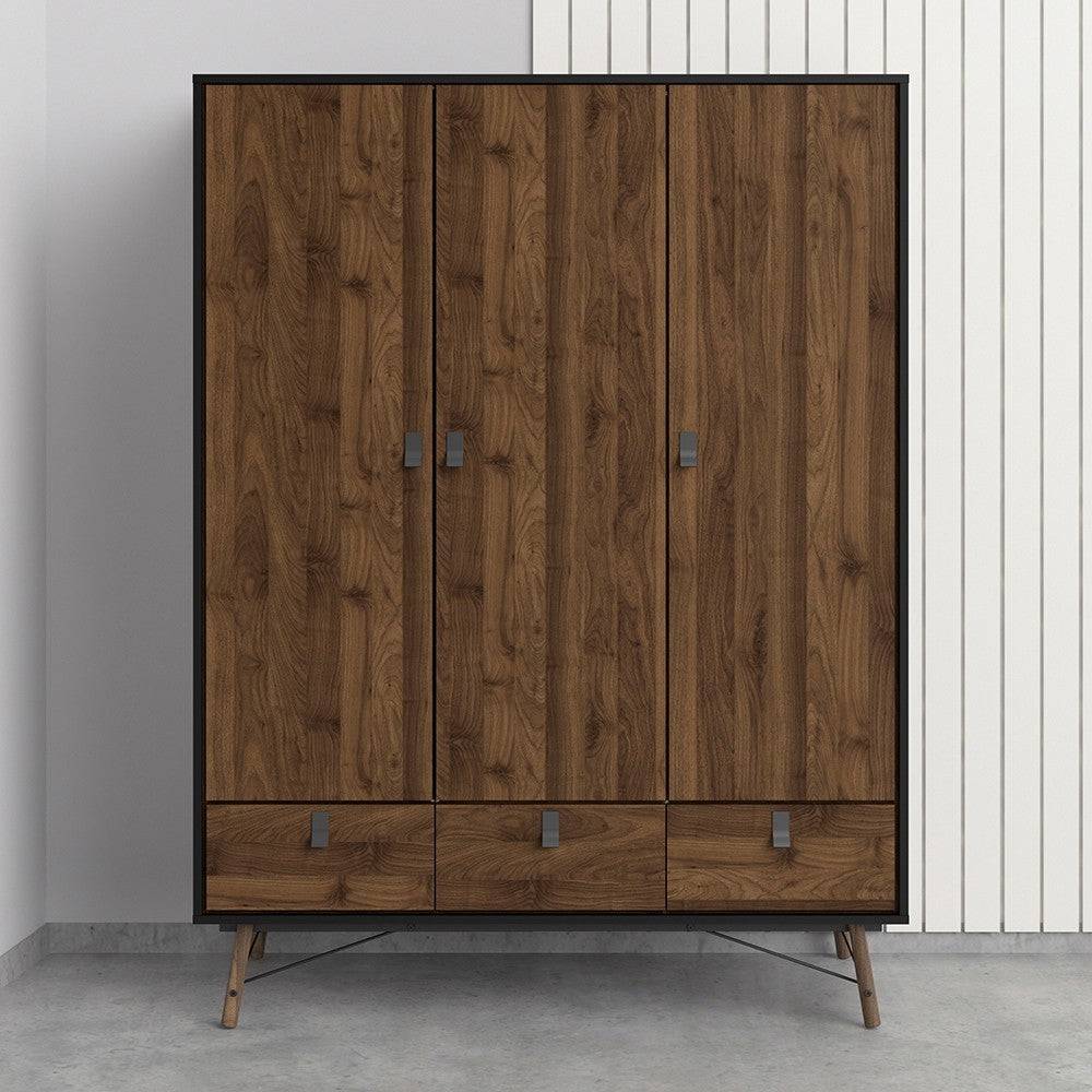 Ry Large Wide Triple Wardrobe 3 Doors + 3 Drawers in Matt Black & Walnut - Price Crash Furniture