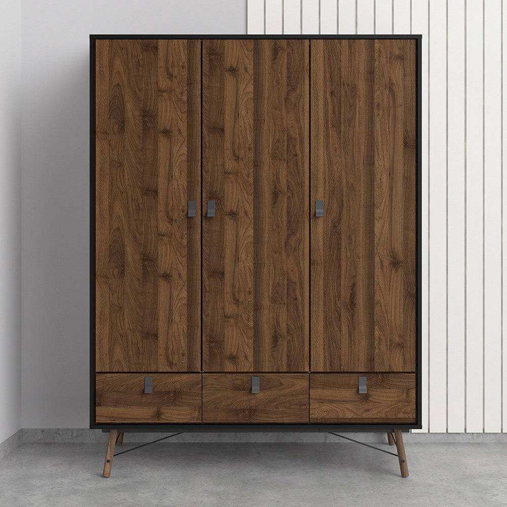 Ry Large Wide Triple Wardrobe 3 Doors + 3 Drawers in Matt Black & Walnut - Price Crash Furniture