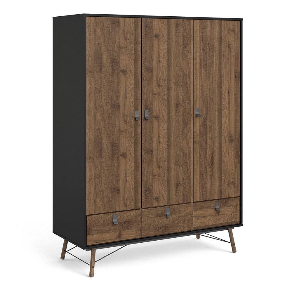 Ry Large Wide Triple Wardrobe 3 Doors + 3 Drawers in Matt Black & Walnut - Price Crash Furniture