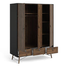 Ry Large Wide Triple Wardrobe 3 Doors + 3 Drawers in Matt Black & Walnut - Price Crash Furniture