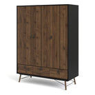 Ry Large Wide Triple Wardrobe 3 Doors + 3 Drawers in Matt Black & Walnut - Price Crash Furniture