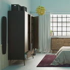 Ry Large Wide Triple Wardrobe 3 Doors + 3 Drawers in Matt Black & Walnut - Price Crash Furniture