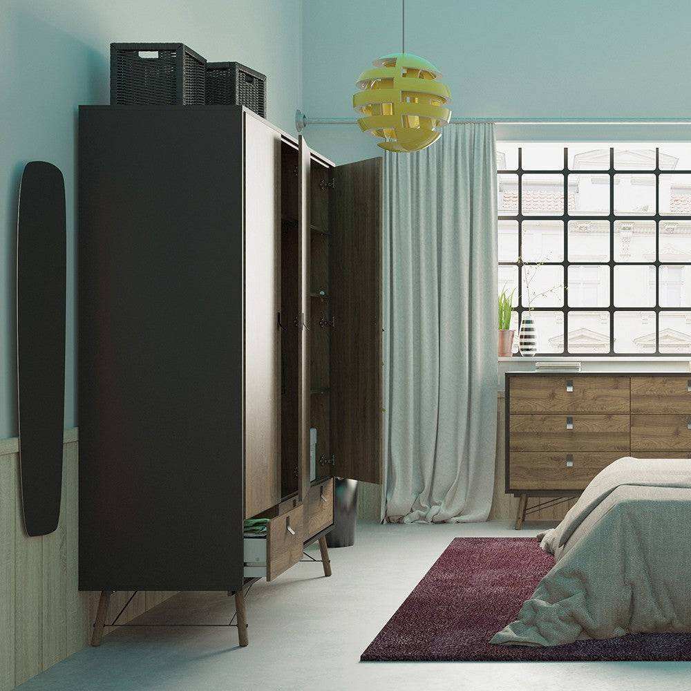 Ry Large Wide Triple Wardrobe 3 Doors + 3 Drawers in Matt Black & Walnut - Price Crash Furniture