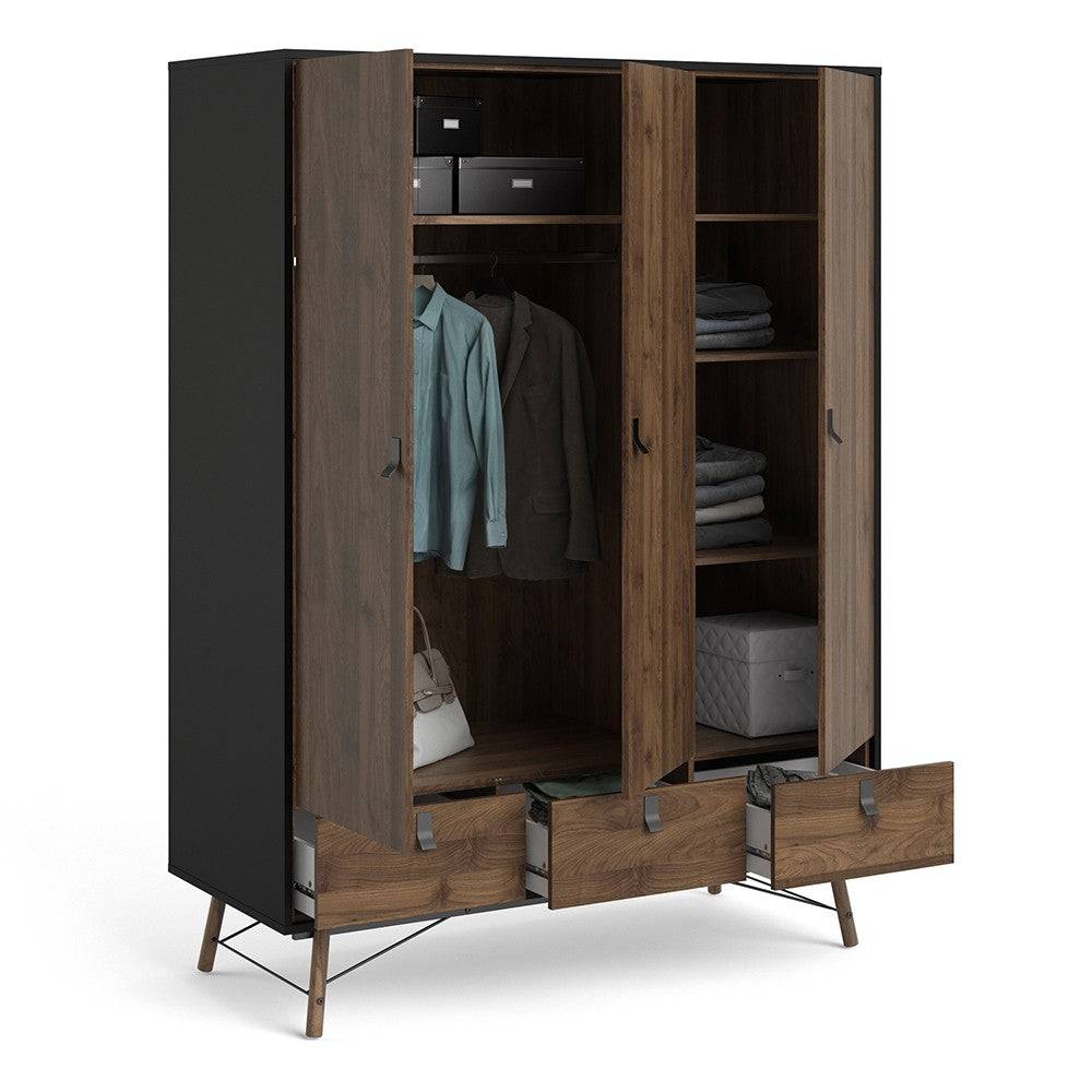 Ry Large Wide Triple Wardrobe 3 Doors + 3 Drawers in Matt Black & Walnut - Price Crash Furniture