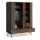 Ry Large Wide Triple Wardrobe 3 Doors + 3 Drawers in Matt Black & Walnut - Price Crash Furniture