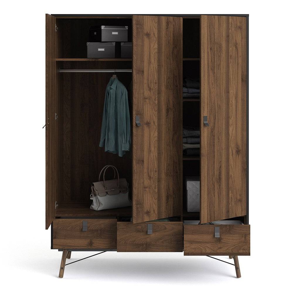 Ry Large Wide Triple Wardrobe 3 Doors + 3 Drawers in Matt Black & Walnut - Price Crash Furniture