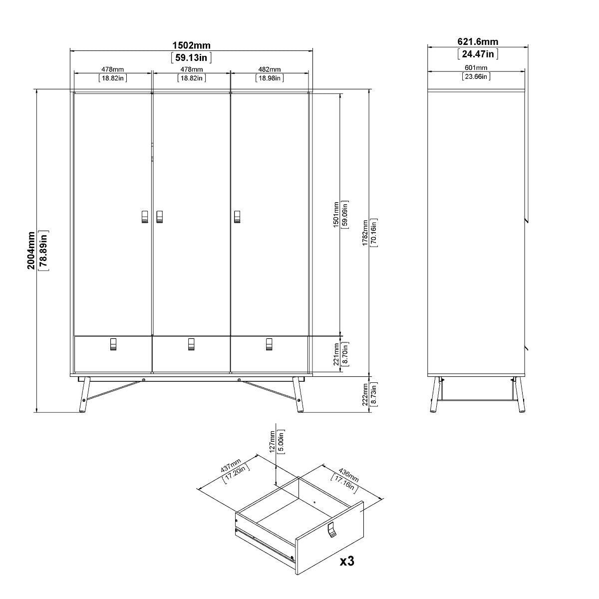 Ry Large Wide Triple Wardrobe 3 Doors + 3 Drawers in Matt Black & Walnut - Price Crash Furniture