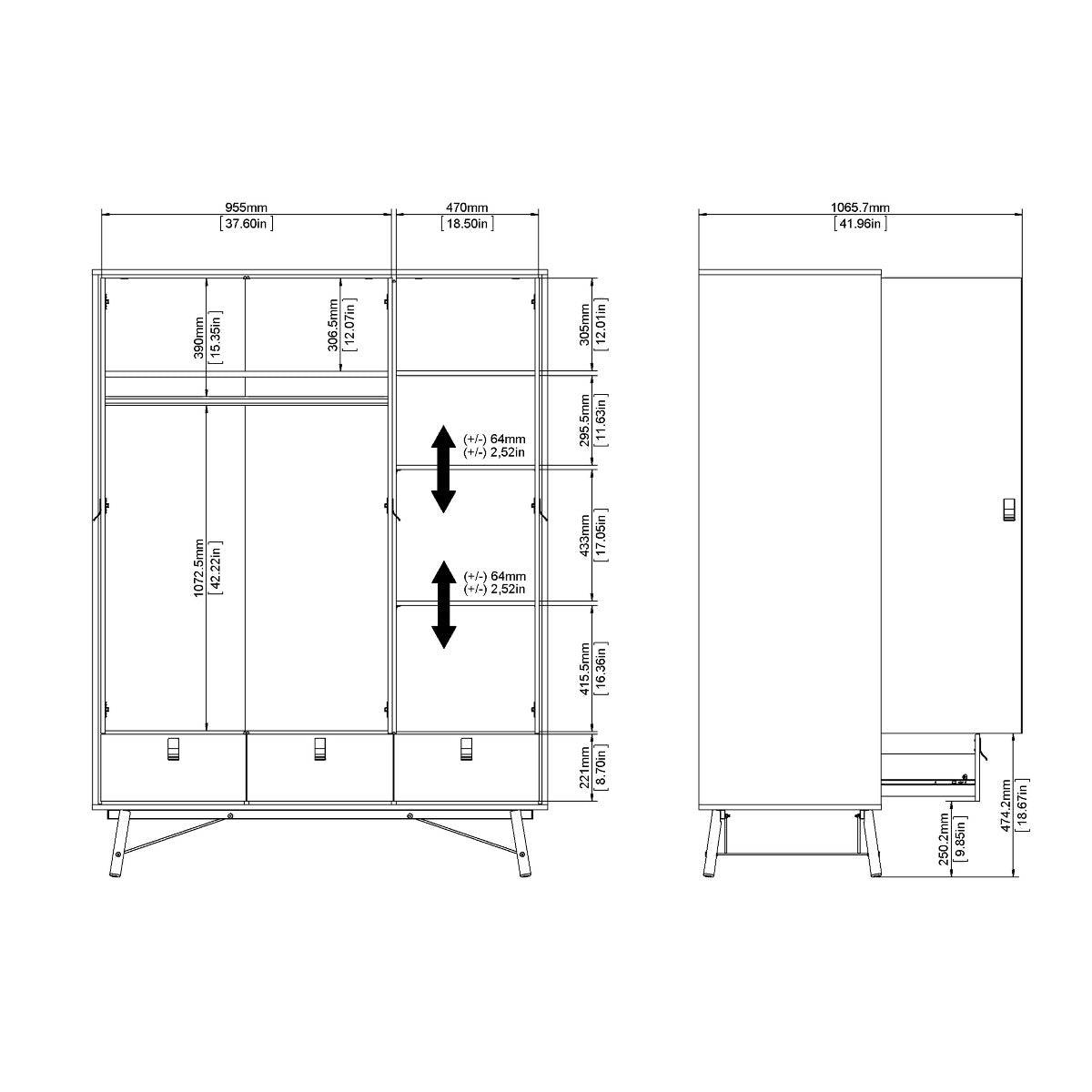 Ry Large Wide Triple Wardrobe 3 Doors + 3 Drawers in Matt Black & Walnut - Price Crash Furniture