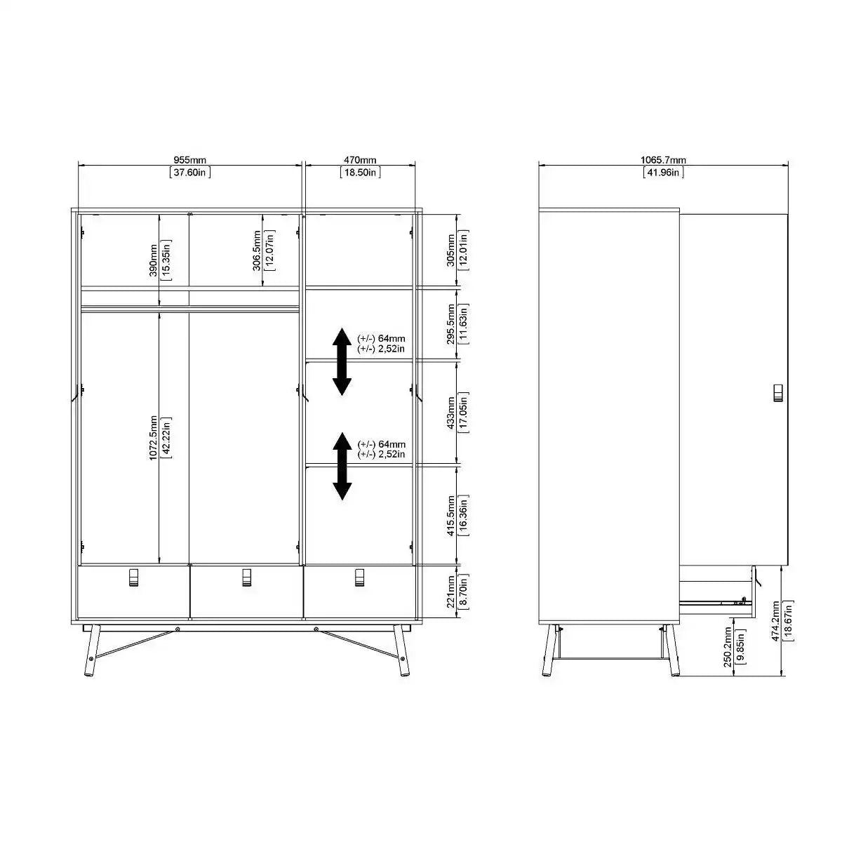Ry Large Wide Triple Wardrobe 3 Doors + 3 Drawers in Matt Black & Walnut - Price Crash Furniture