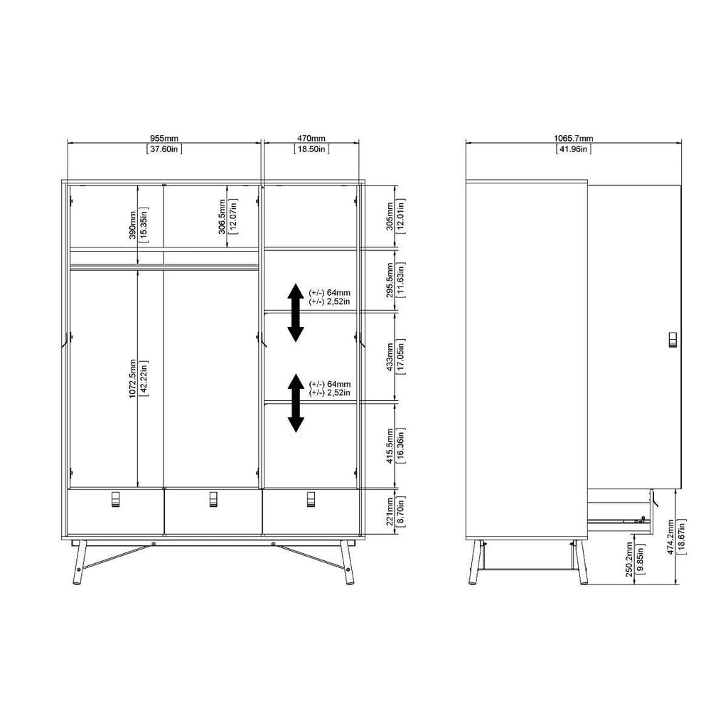 Ry Large Wide Triple Wardrobe 3 Doors + 3 Drawers in Matt Black & Walnut - Price Crash Furniture