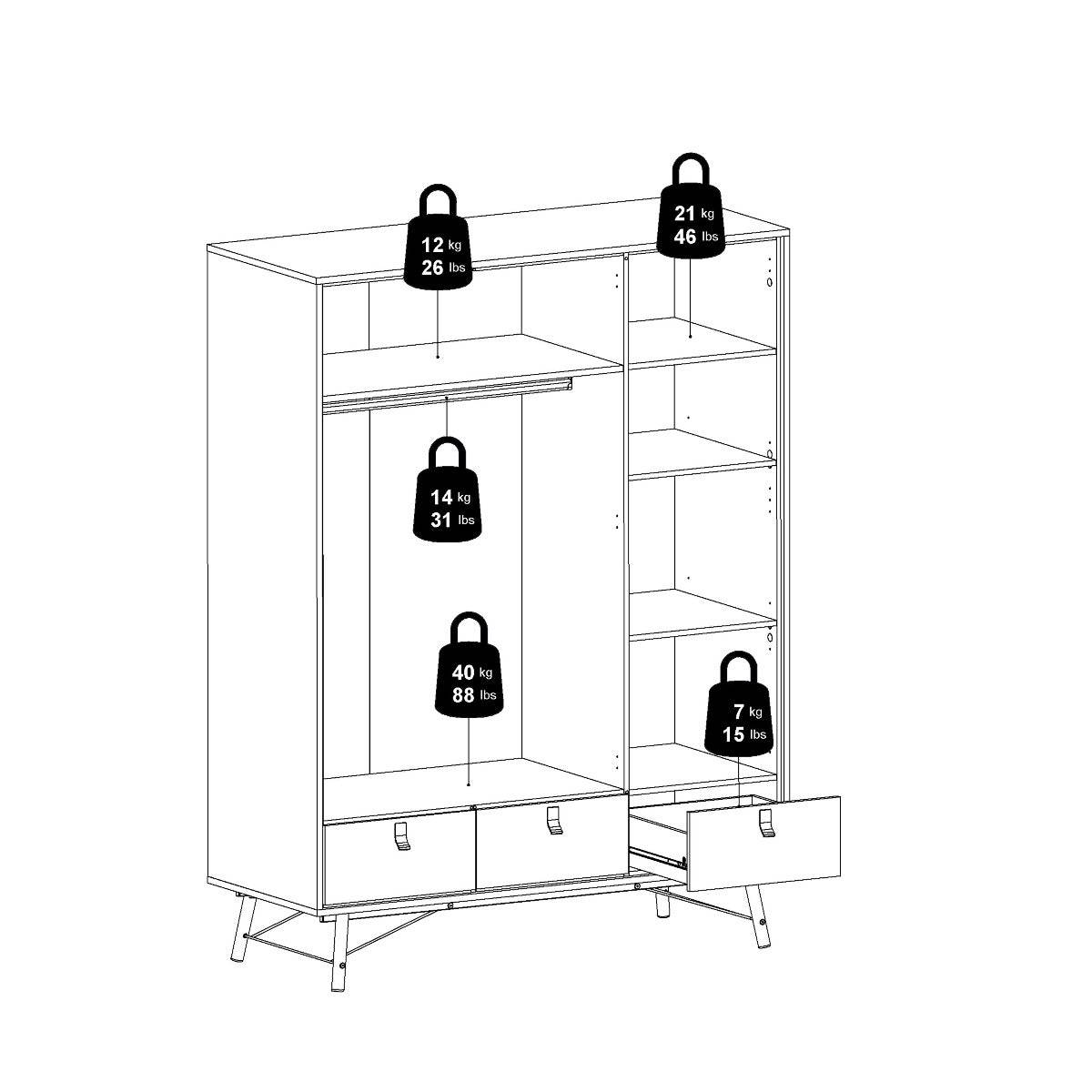 Ry Large Wide Triple Wardrobe 3 Doors + 3 Drawers in Matt Black & Walnut - Price Crash Furniture